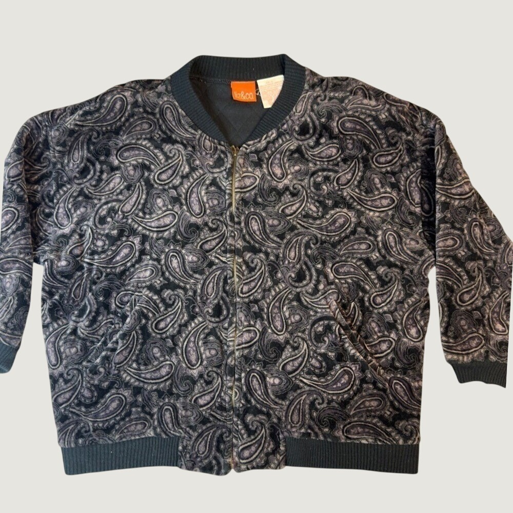 Liz & Co Womens Paisley Bomber Jacket Gray Black Velour Zip Up Size Large